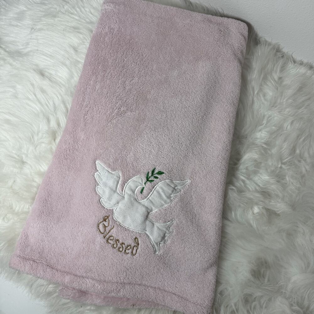 Tadpoles Plush Light Pink Baby Blanket Blessed White Dove Bird Embroidered Lovey